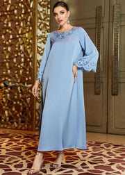 Casual Blue Embroideried Nail Bead Chiffon Vacation Long Dresses Long Sleeve