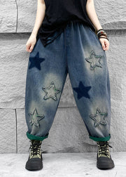 Casual Blue Five Pointed Star Patch Elastic Waist Denim Harlan Pants Spring