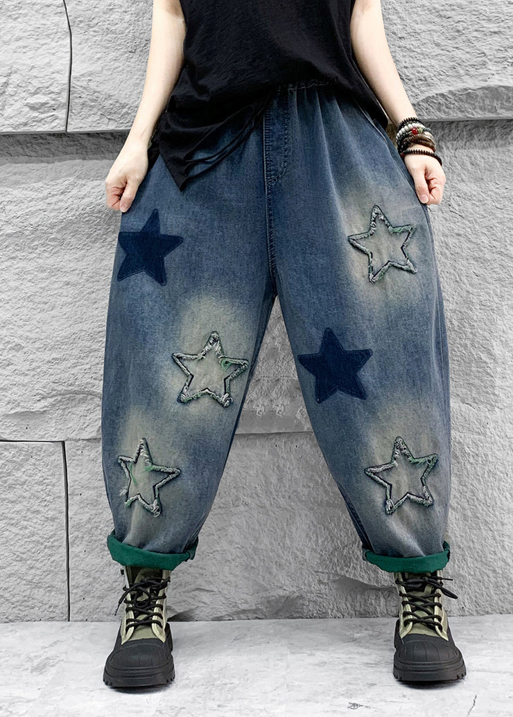 Casual Blue Five Pointed Star Patch Elastic Waist Denim Harlan Pants Spring