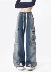 Casual Blue Gradient Pockets Drawstring Elastic Waist Denim Pants Spring