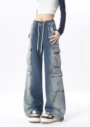 Casual Blue Gradient Pockets Drawstring Elastic Waist Denim Pants Spring