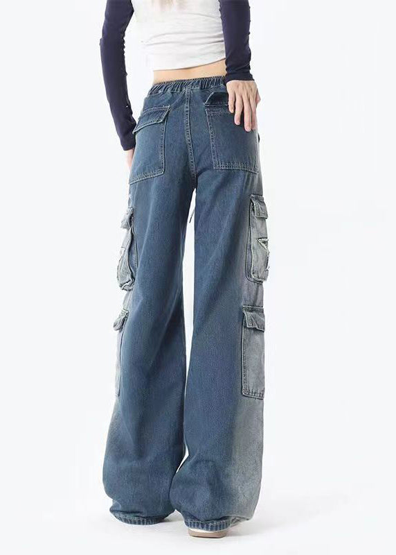 Casual Blue Gradient Pockets Drawstring Elastic Waist Denim Pants Spring