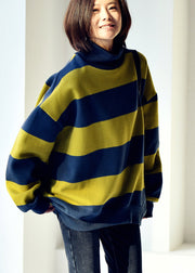 Casual Blue Green Colour Turtleneck Striped Patchwork Warm Fleece Sweatshirt Fall