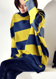 Casual Blue Green Colour Turtleneck Striped Patchwork Warm Fleece Sweatshirt Fall