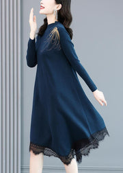 Casual Blue High Neck Lace Patchwork Knit Sweater Dress Long Sleeve