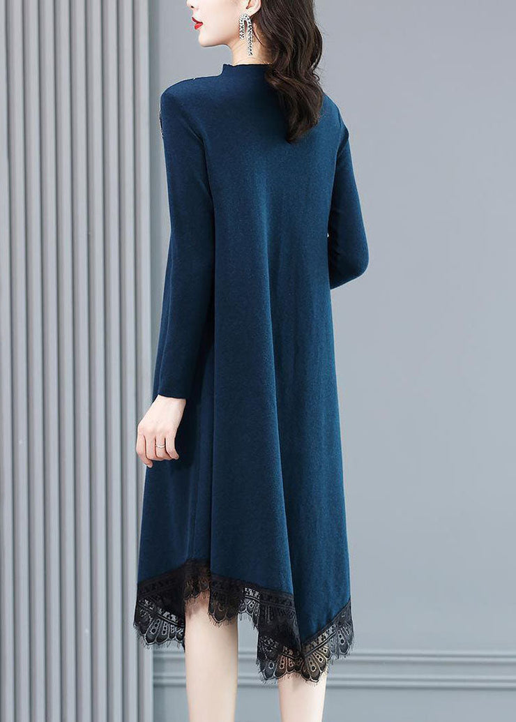 Casual Blue High Neck Lace Patchwork Knit Sweater Dress Long Sleeve