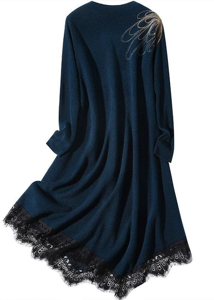 Casual Blue High Neck Lace Patchwork Knit Sweater Dress Long Sleeve