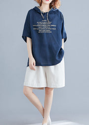 Casual Blue Hooded Alphabet Print Cotton Pullover Summer