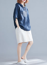 Casual Blue Hooded Alphabet Print Cotton Pullover Summer