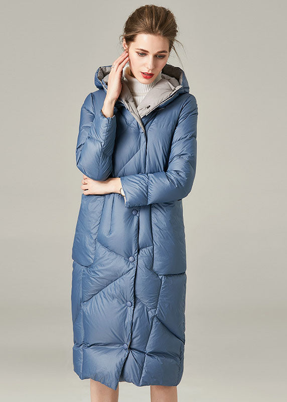 Casual Blue Hooded Pockets Duck Down Down Coat Winter