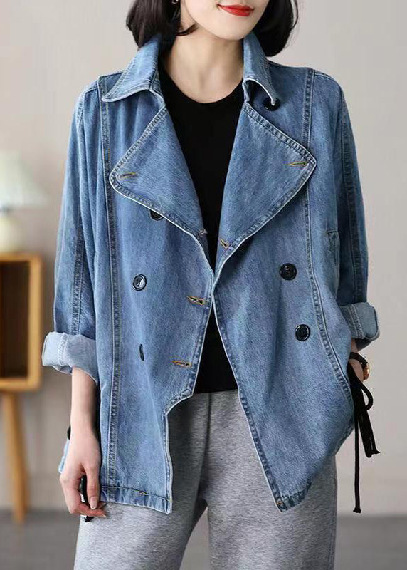 Casual Blue Notched Patchwork Tie Waist Denim Coats Long Sleeve