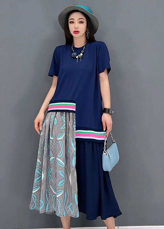 Casual Blue O-Neck Asymmetrical Design Cotton Maxi Dress Short Sleeve