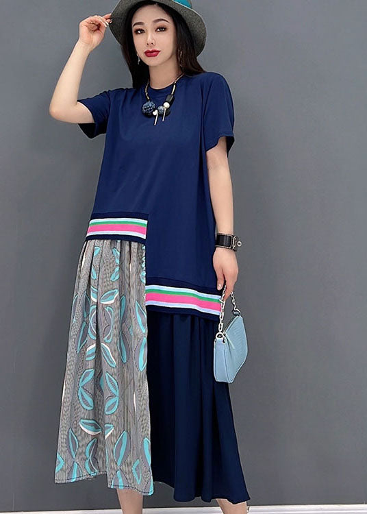 Casual Blue O-Neck Asymmetrical Design Cotton Maxi Dress Short Sleeve