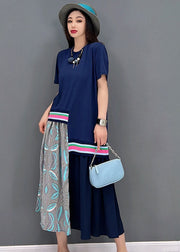 Casual Blue O-Neck Asymmetrical Design Cotton Maxi Dress Short Sleeve