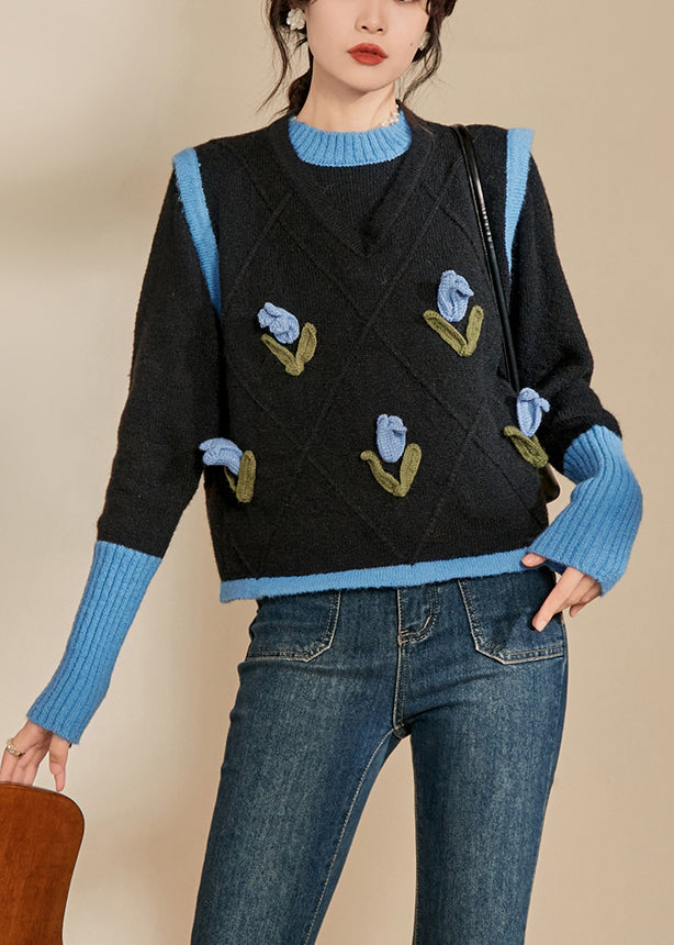 Casual Blue O-Neck Patchwork Cotton Knit Sweaters Winter