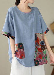 Casual Blue O Neck Print Patchwork Cotton T Shirt Summer