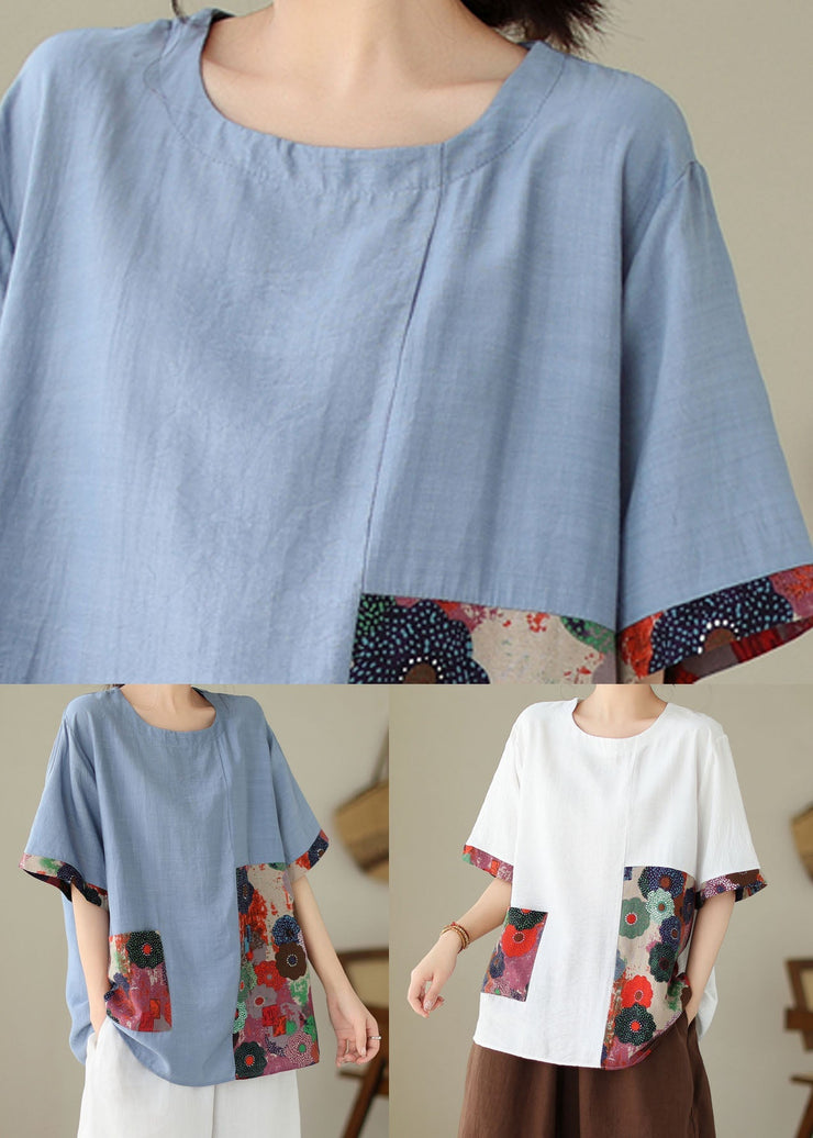 Casual Blue O Neck Print Patchwork Cotton T Shirt Summer