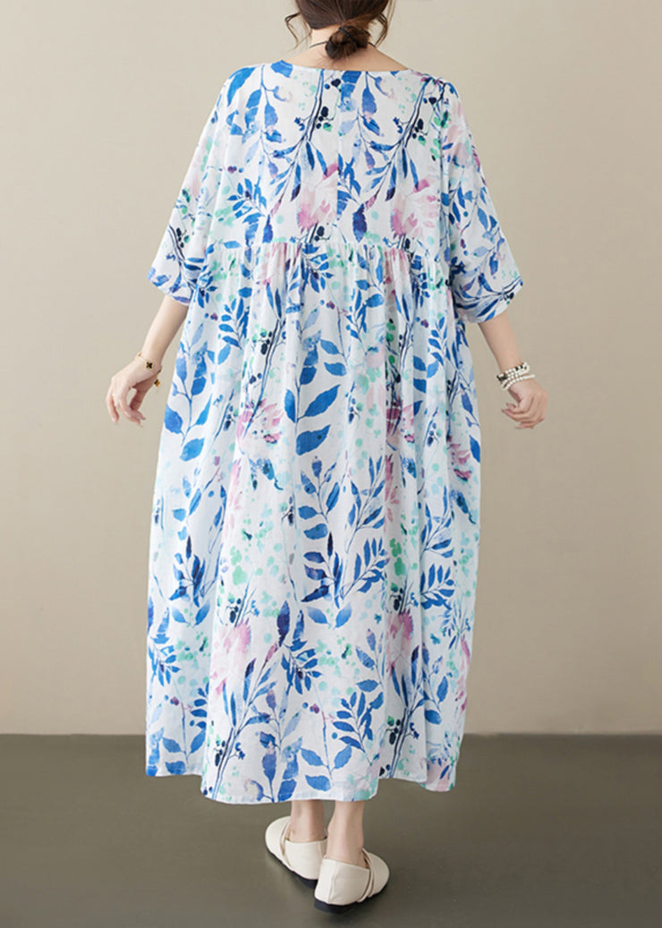 Casual Blue O Neck Print Plus Size Cotton Dress Summer