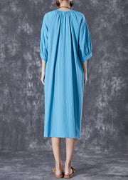 Casual Blue Oversized Button Down Linen Long Dress Bracelet Sleeve