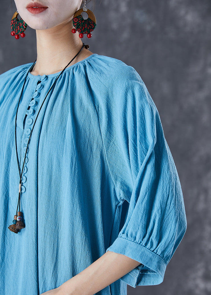 Casual Blue Oversized Button Down Linen Long Dress Bracelet Sleeve