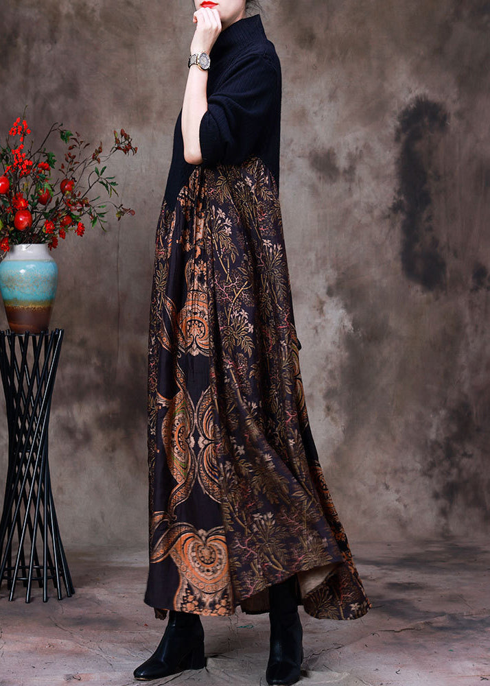 Casual Blue Patchwork Chocolate Turtleneck Print Silk Maxi Dress Long Sleeve