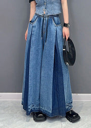 Casual Blue Patchwork Drawstring Elastic Waist Denim Wide Leg Pants Summer