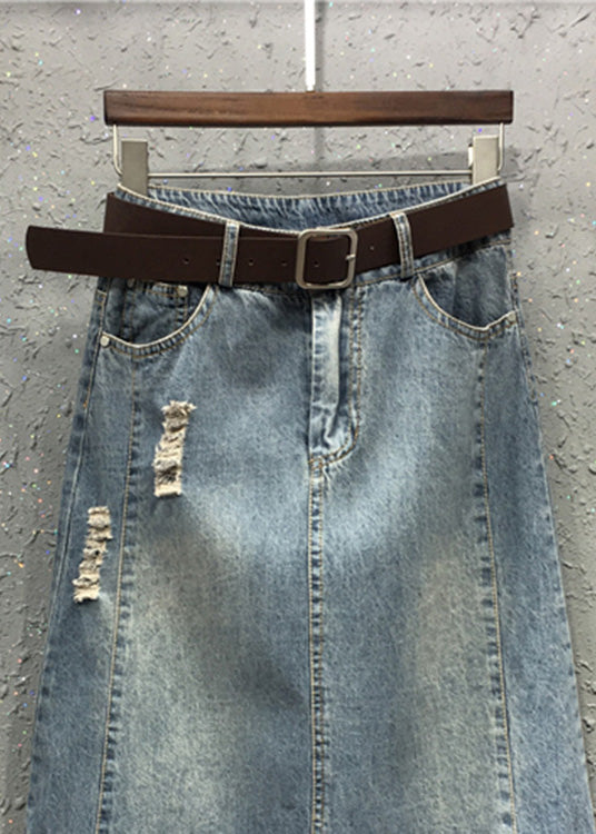 Casual Blue Patchwork Elastic Waist Sashes Denim A Line Skirts