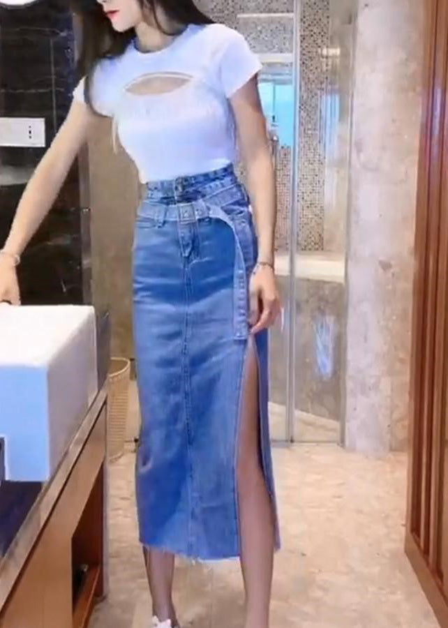 Casual Blue Patchwork Sashes Side Open Denim Maxi Skirt