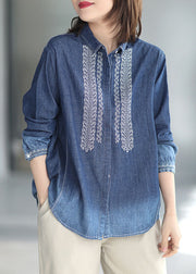 Casual Blue Peter Pan Collar Embroideried Cotton Denim Shirt Top Long Sleeve