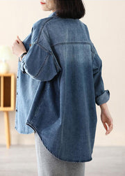 Casual Blue Peter Pan Collar Oversized Applique Cotton Denim Coat Spring