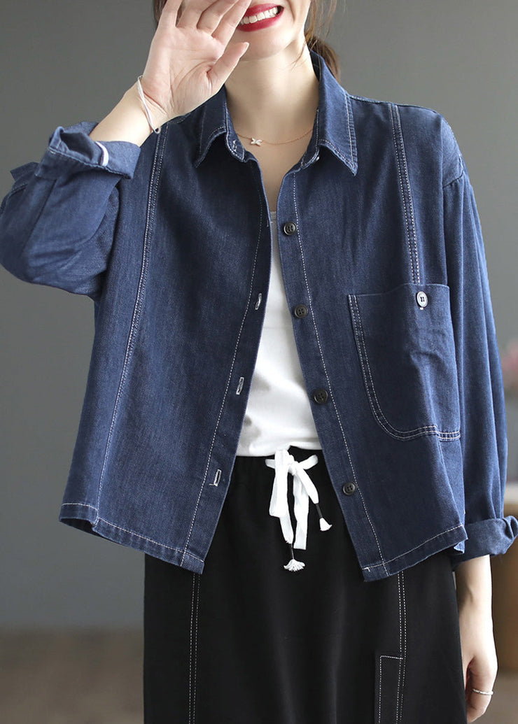 Casual Blue Peter Pan Collar Patchwork Button Denim Coats Spring