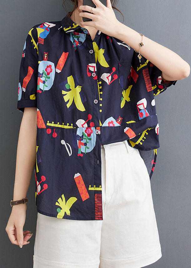 Casual Blue Peter Pan Collar Print Patchwork Cotton Shirts Top Summer