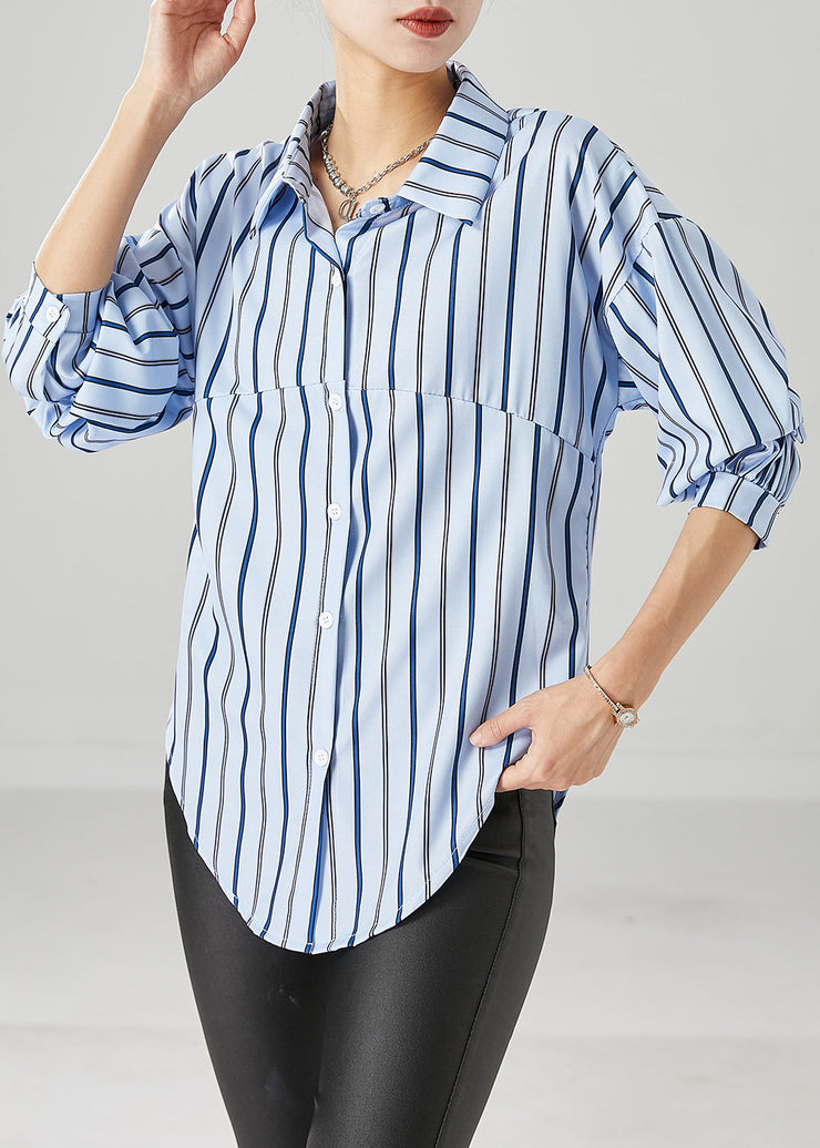 Casual Blue Peter Pan Collar Striped Cotton Top Fall