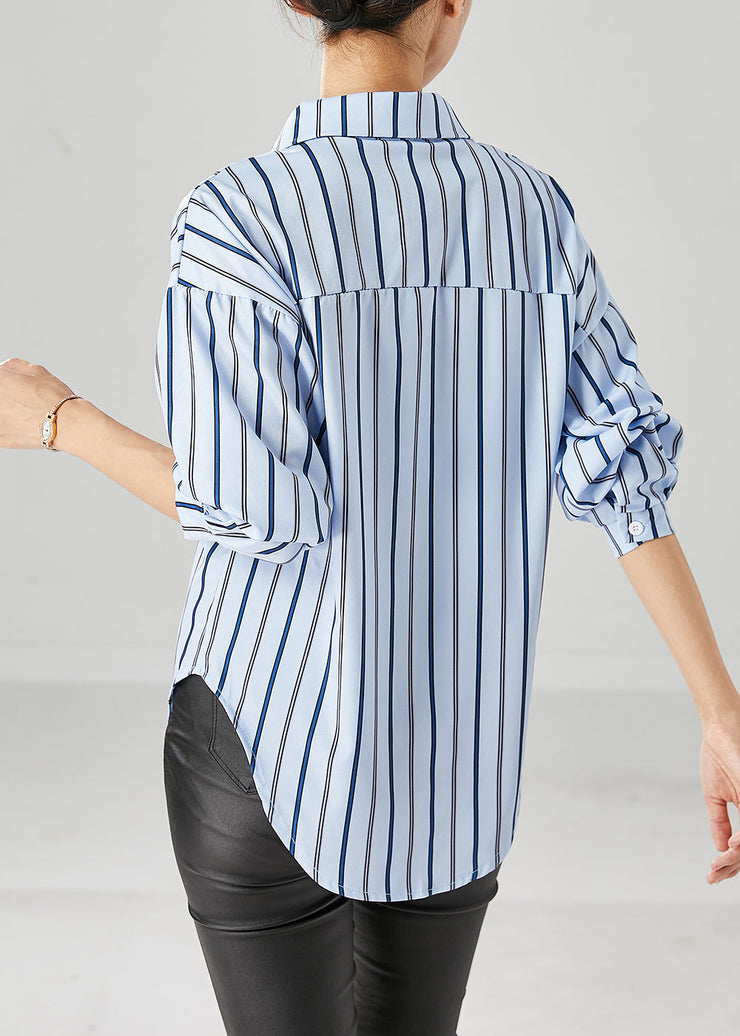 Casual Blue Peter Pan Collar Striped Cotton Top Fall