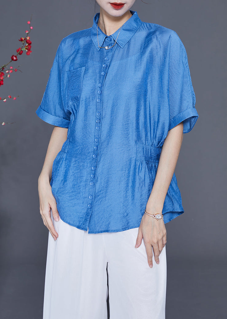 Casual Blue Peter Pan Collar Wrinkled Silk Shirt Tops Summer