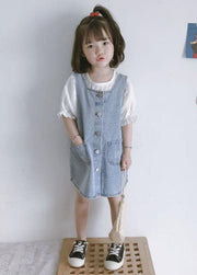 Casual Blue Pockets Button Patchwork Denim Kids Girls Dress Two Piece Set Summer