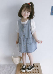 Casual Blue Pockets Button Patchwork Denim Kids Girls Dress Two Piece Set Summer