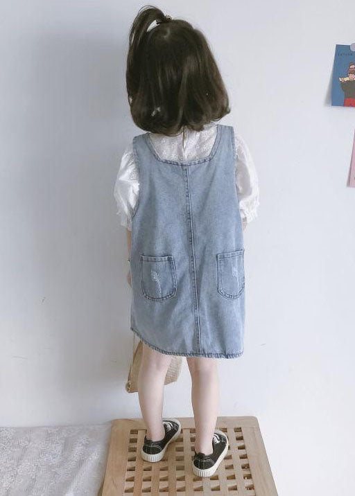 Casual Blue Pockets Button Patchwork Denim Kids Girls Dress Two Piece Set Summer