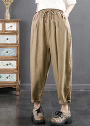 Casual Blue Pockets Cinched Elastic Waist Linen Crop Pants Fall