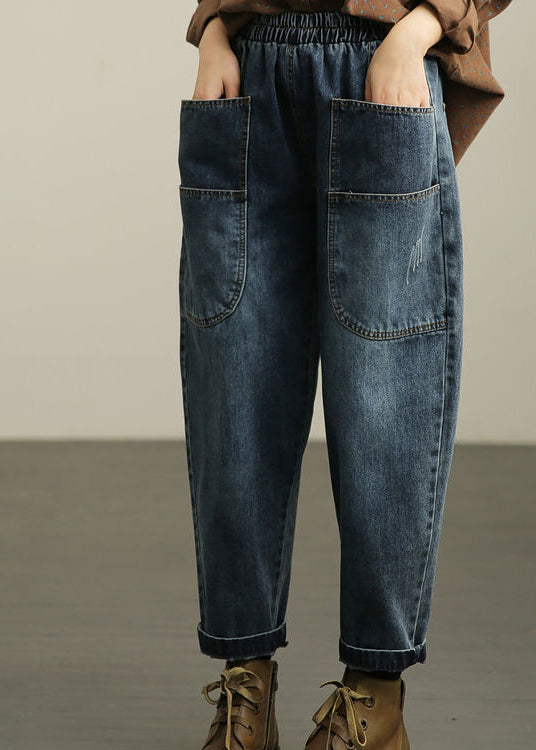 Casual Blue Pockets Denim Harem Pants Fall