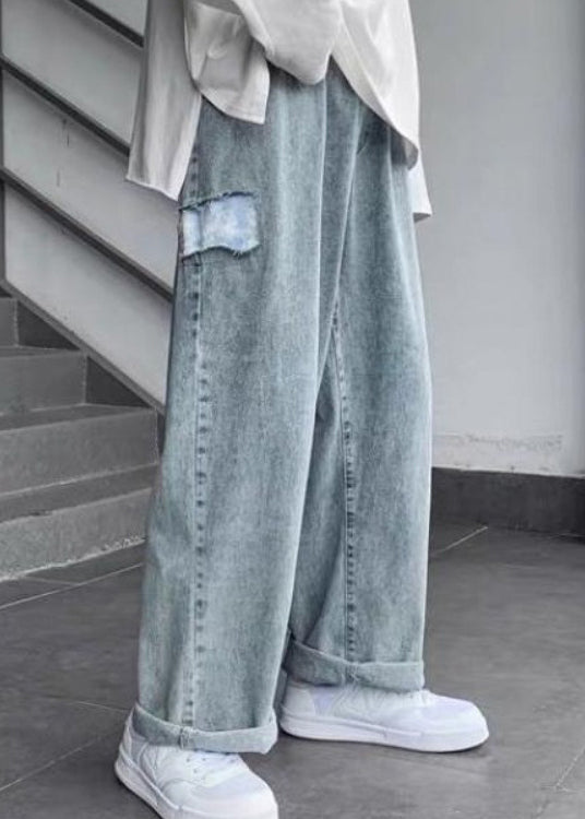 Casual Blue Pockets Denim Men Wide Leg Pants Fall