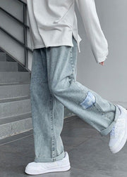 Casual Blue Pockets Denim Men Wide Leg Pants Fall