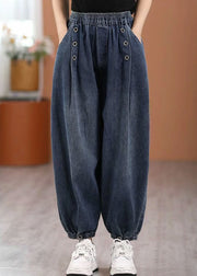 Casual Blue Pockets Elastic Waist Denim Pants Fall