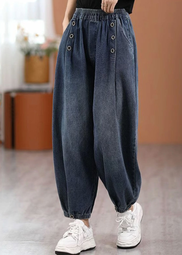 Casual Blue Pockets Elastic Waist Denim Pants Fall