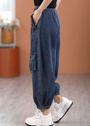 Casual Blue Pockets Elastic Waist Denim Pants Fall