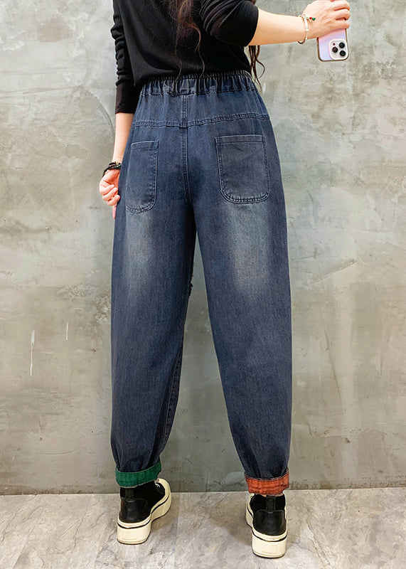 Casual Blue Pockets Patch Elastic Waist Denim Pants Spring