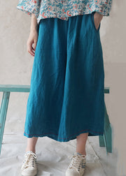 Casual Blue Pockets Solid Linen Wide Leg Pants Summer