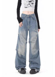 Casual Blue Pockets Wrinkled Denim Wide Leg Pants Spring