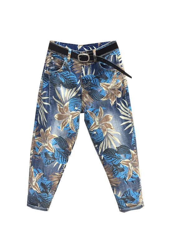 Casual Blue Print High Waist Sashes Harem Pants