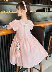 Casual Blue Puff Sleeve Bow Rabbit Cotton Kids Girls Long Dress Summer